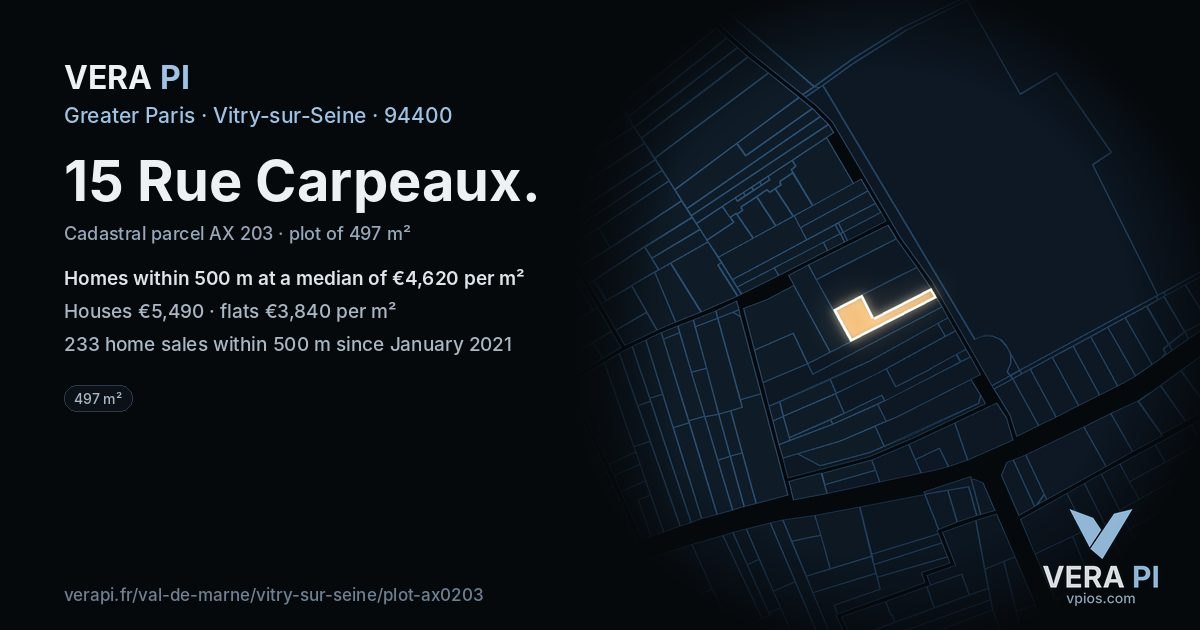 15 Rue Carpeaux, Vitry-sur-Seine at night – the plot lit, the parcels around coloured by the prices near them