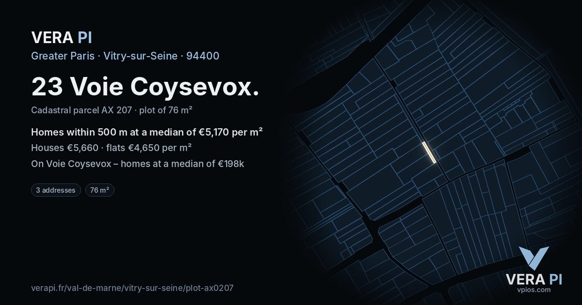 23 Voie Coysevox, Vitry-sur-Seine at night – the plot lit, the parcels around coloured by the prices near them