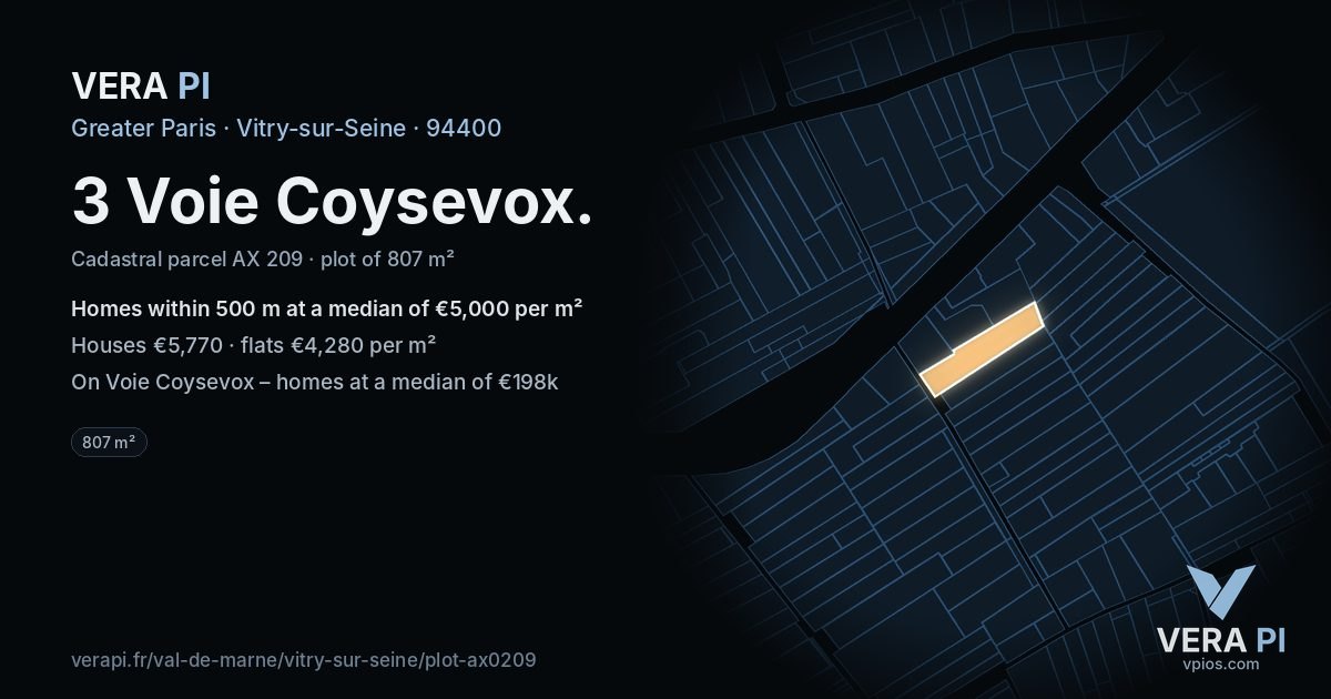 3 Voie Coysevox, Vitry-sur-Seine at night – the plot lit, the parcels around coloured by the prices near them