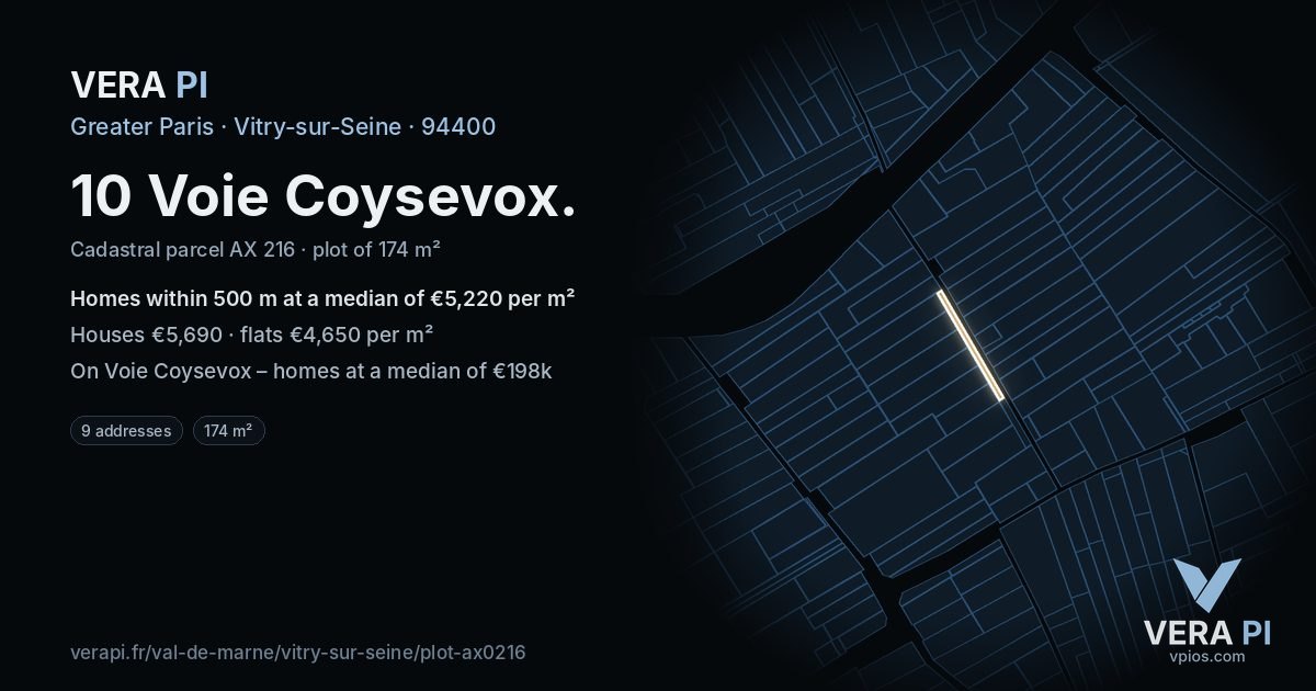 10 Voie Coysevox, Vitry-sur-Seine at night – the plot lit, the parcels around coloured by the prices near them