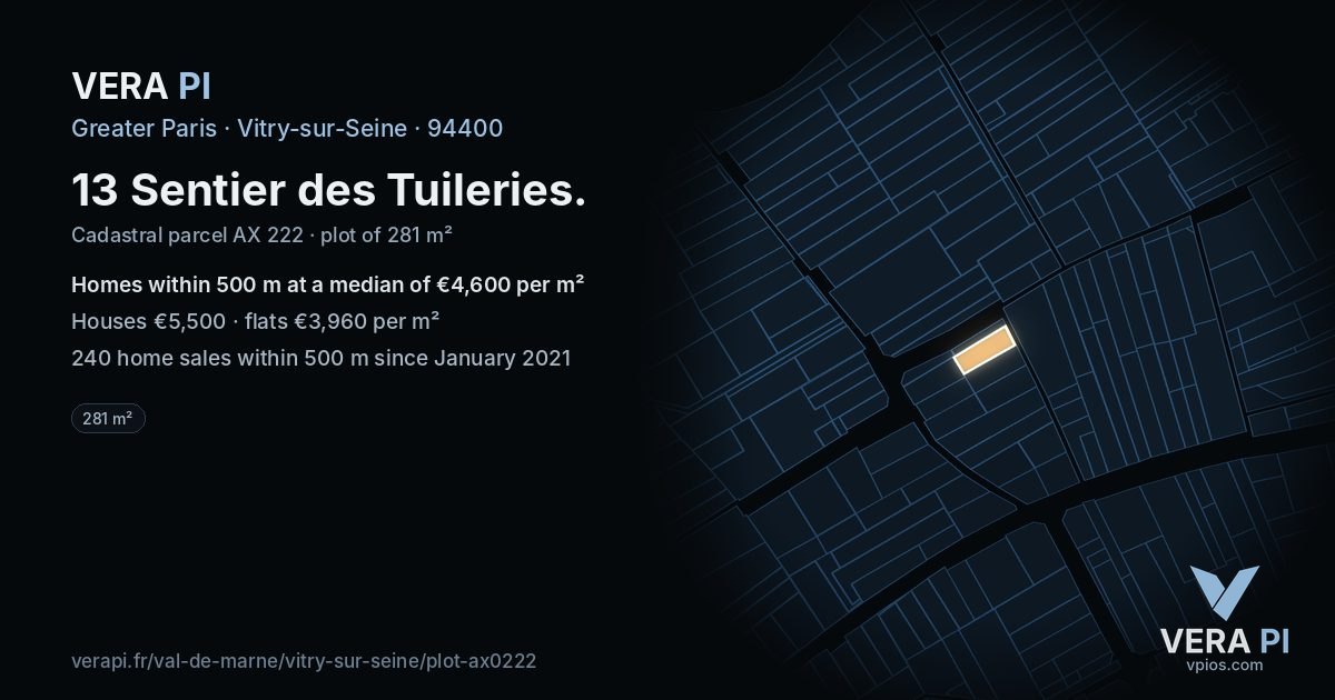 13 Sentier des Tuileries, Vitry-sur-Seine at night – the plot lit, the parcels around coloured by the prices near them