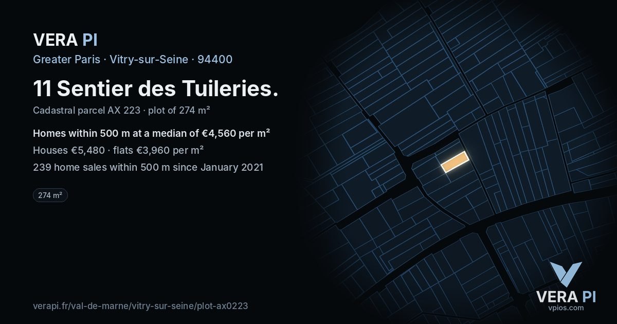 11 Sentier des Tuileries, Vitry-sur-Seine at night – the plot lit, the parcels around coloured by the prices near them
