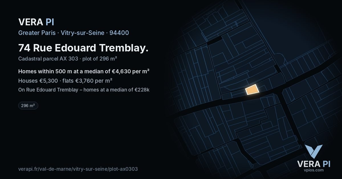 74 Rue Edouard Tremblay, Vitry-sur-Seine at night – the plot lit, the parcels around coloured by the prices near them