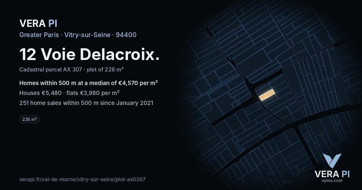 12 Voie Delacroix, Vitry-sur-Seine at night – the plot lit, the parcels around coloured by the prices near them