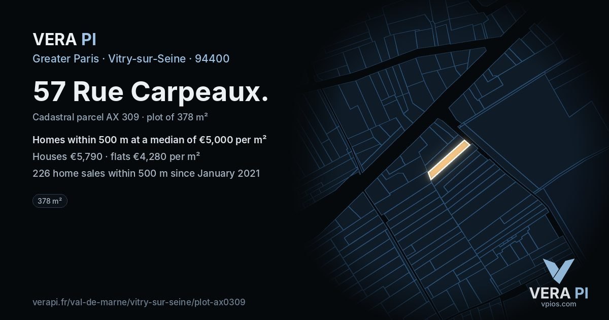 57 Rue Carpeaux, Vitry-sur-Seine at night – the plot lit, the parcels around coloured by the prices near them