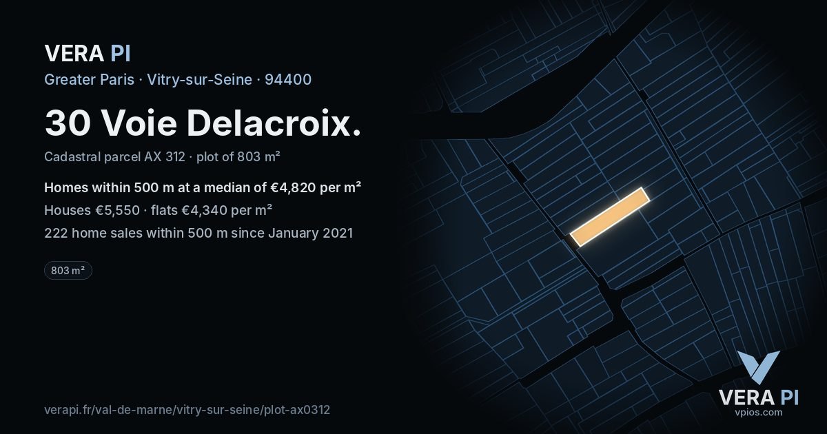 30 Voie Delacroix, Vitry-sur-Seine at night – the plot lit, the parcels around coloured by the prices near them