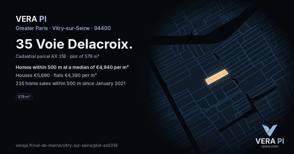 35 Voie Delacroix, Vitry-sur-Seine at night – the plot lit, the parcels around coloured by the prices near them