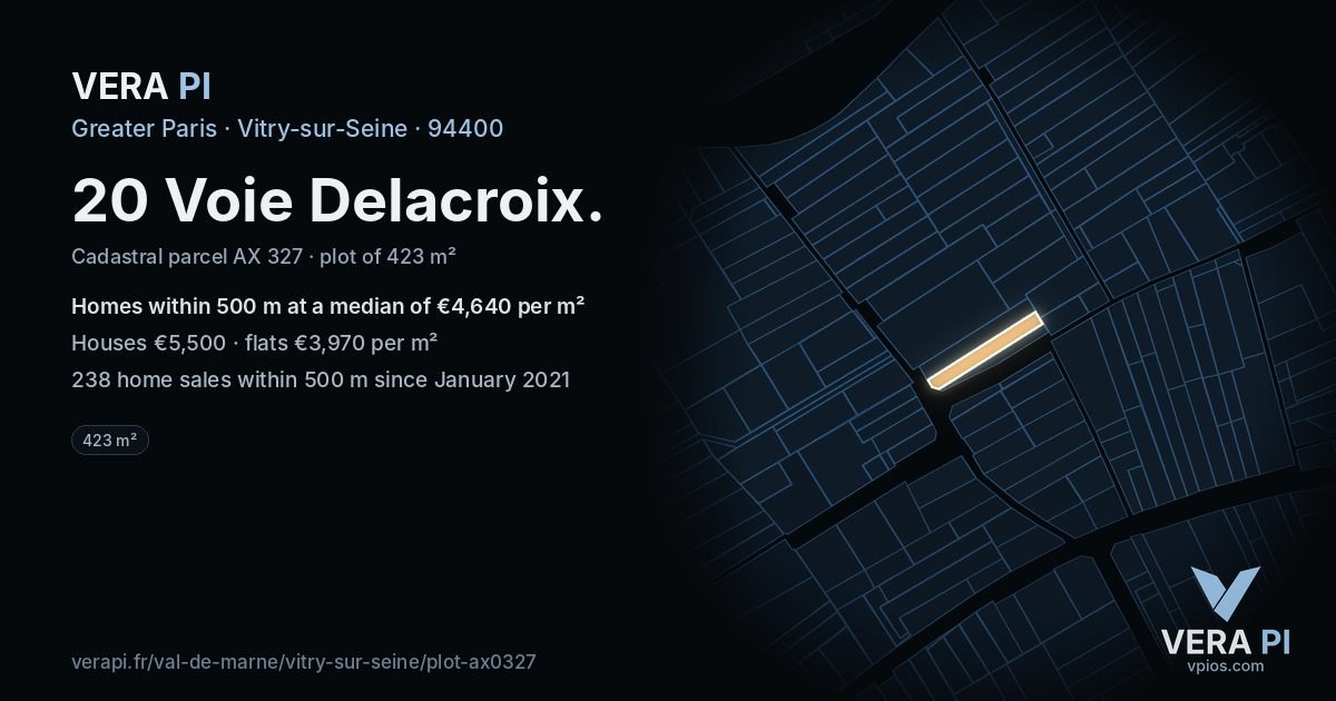 20 Voie Delacroix, Vitry-sur-Seine at night – the plot lit, the parcels around coloured by the prices near them