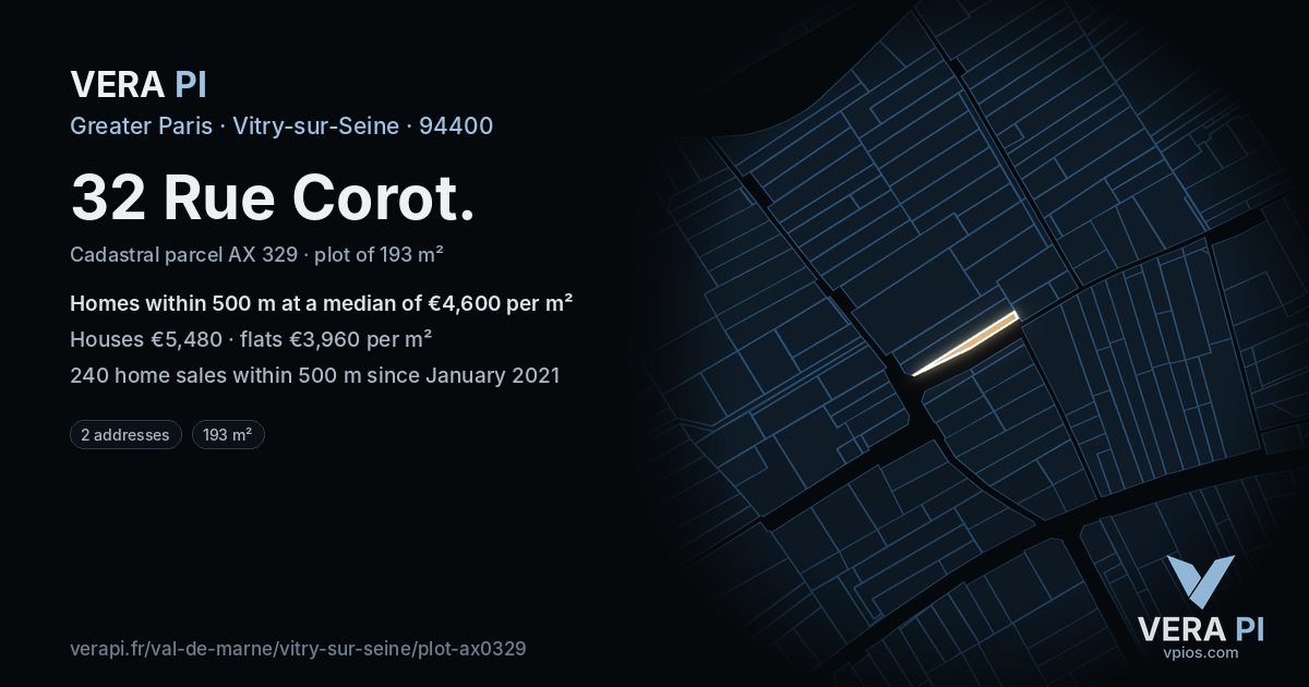 32 Rue Corot, Vitry-sur-Seine at night – the plot lit, the parcels around coloured by the prices near them