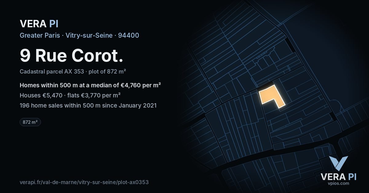 9 Rue Corot, Vitry-sur-Seine at night – the plot lit, the parcels around coloured by the prices near them