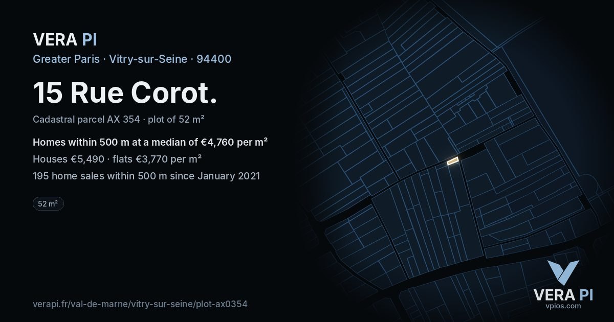 15 Rue Corot, Vitry-sur-Seine at night – the plot lit, the parcels around coloured by the prices near them