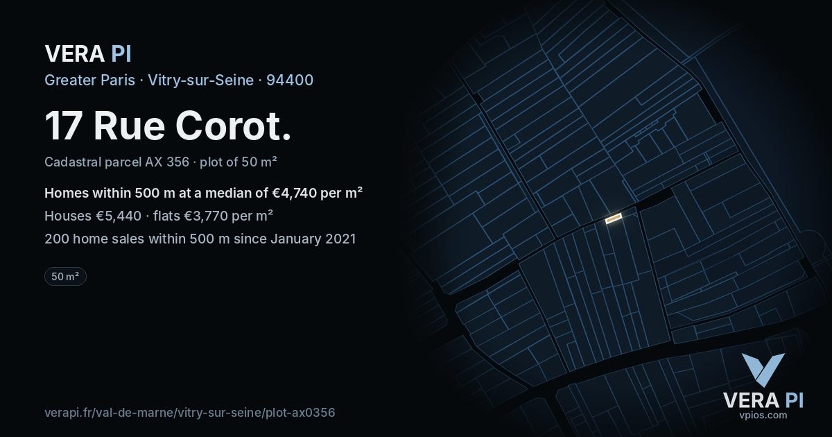 17 Rue Corot, Vitry-sur-Seine at night – the plot lit, the parcels around coloured by the prices near them