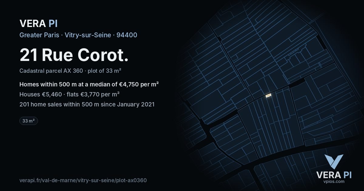 21 Rue Corot, Vitry-sur-Seine at night – the plot lit, the parcels around coloured by the prices near them