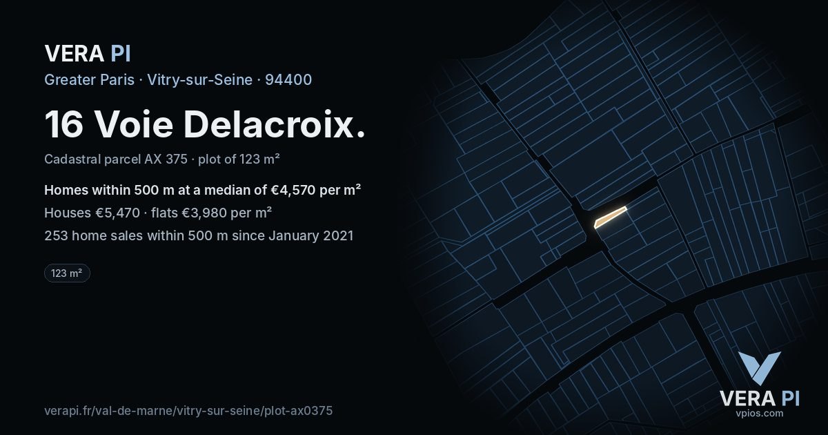 16 Voie Delacroix, Vitry-sur-Seine at night – the plot lit, the parcels around coloured by the prices near them