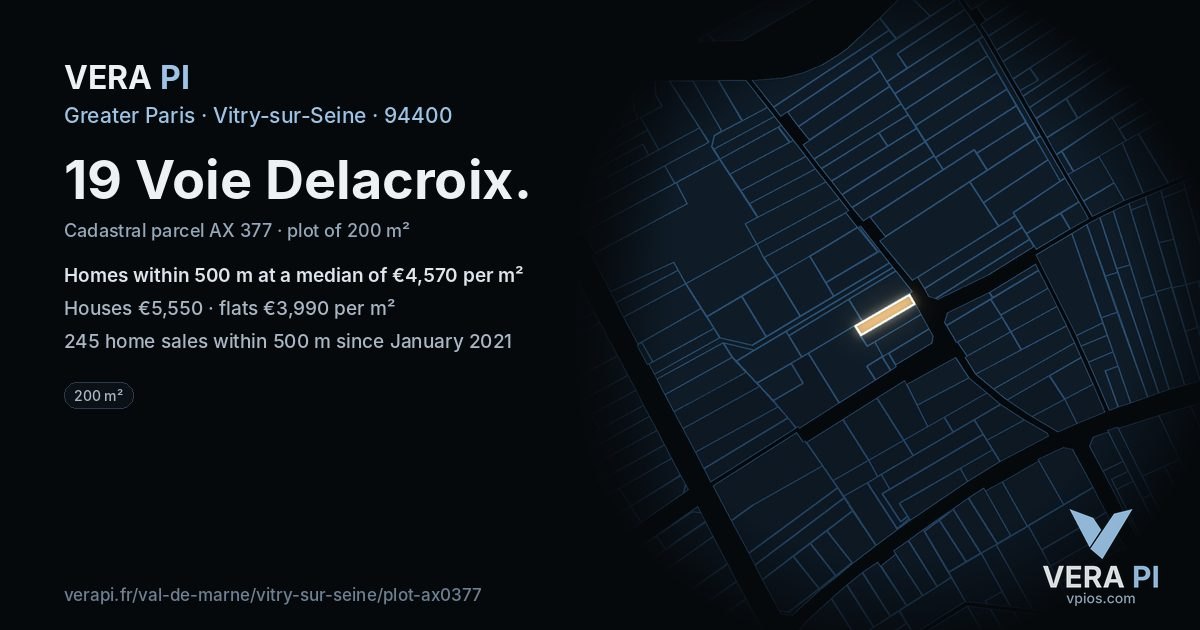 19 Voie Delacroix, Vitry-sur-Seine at night – the plot lit, the parcels around coloured by the prices near them