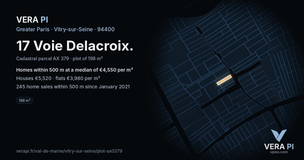 17 Voie Delacroix, Vitry-sur-Seine at night – the plot lit, the parcels around coloured by the prices near them