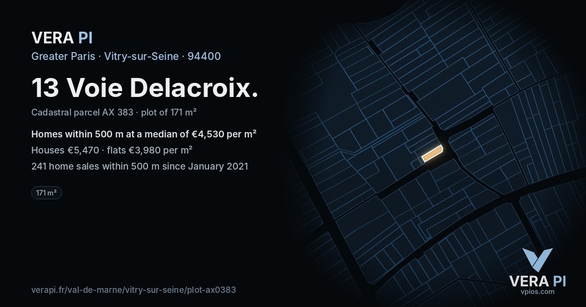 13 Voie Delacroix, Vitry-sur-Seine at night – the plot lit, the parcels around coloured by the prices near them