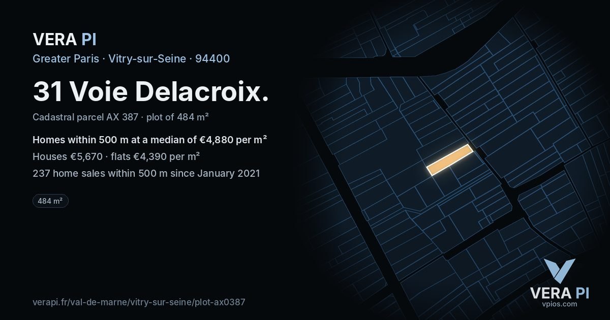 31 Voie Delacroix, Vitry-sur-Seine at night – the plot lit, the parcels around coloured by the prices near them