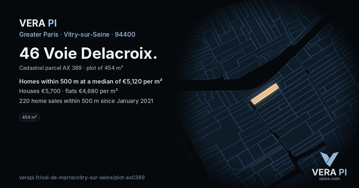 46 Voie Delacroix, Vitry-sur-Seine at night – the plot lit, the parcels around coloured by the prices near them