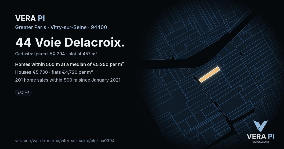 44 Voie Delacroix, Vitry-sur-Seine at night – the plot lit, the parcels around coloured by the prices near them