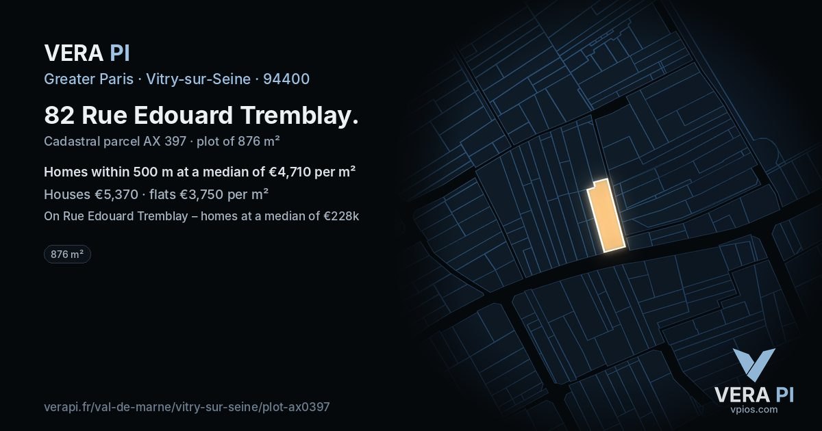 82 Rue Edouard Tremblay, Vitry-sur-Seine at night – the plot lit, the parcels around coloured by the prices near them
