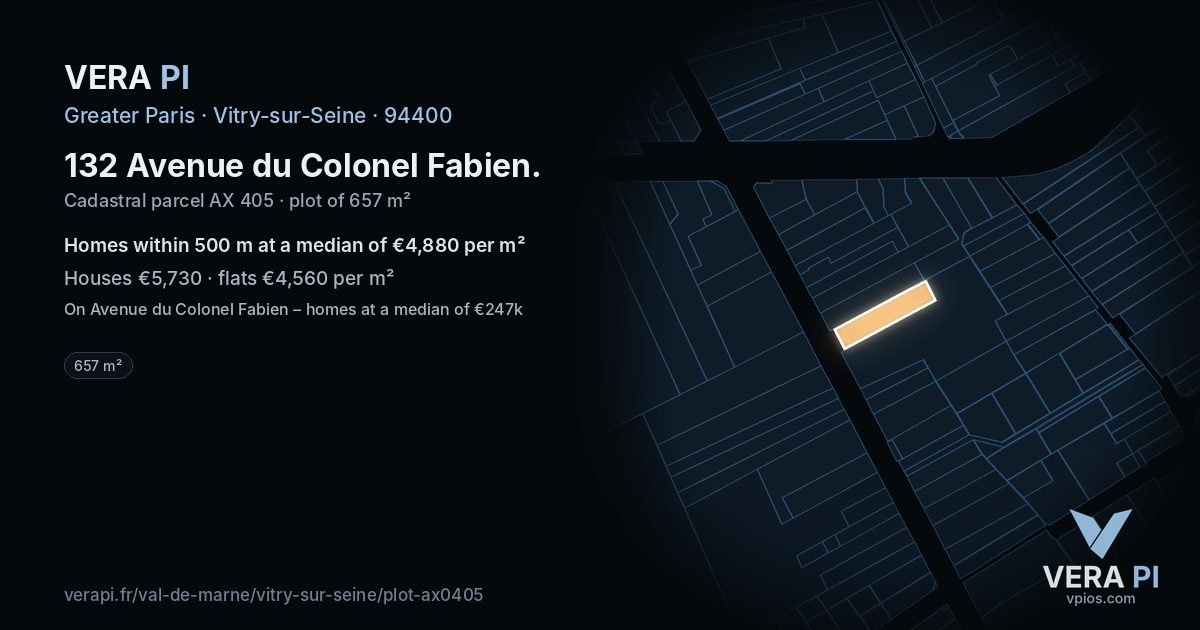 132 Avenue du Colonel Fabien, Vitry-sur-Seine at night – the plot lit, the parcels around coloured by the prices near them