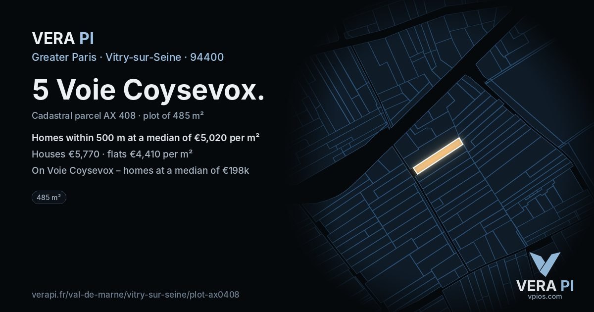 5 Voie Coysevox, Vitry-sur-Seine at night – the plot lit, the parcels around coloured by the prices near them