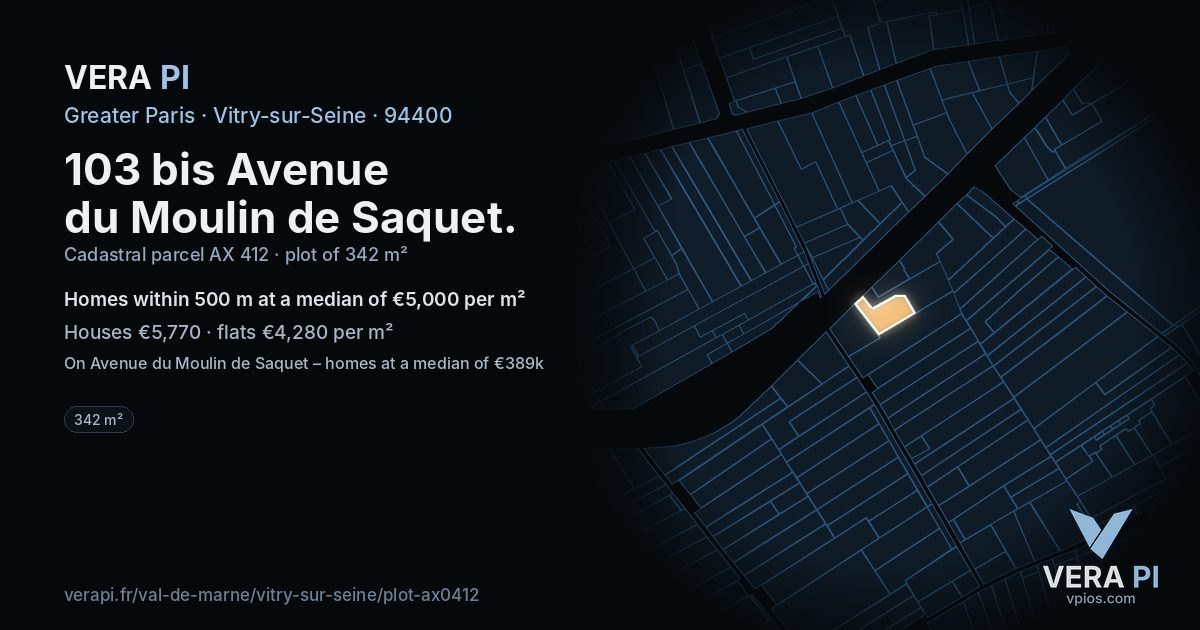 103 bis Avenue du Moulin de Saquet, Vitry-sur-Seine at night – the plot lit, the parcels around coloured by the prices near them