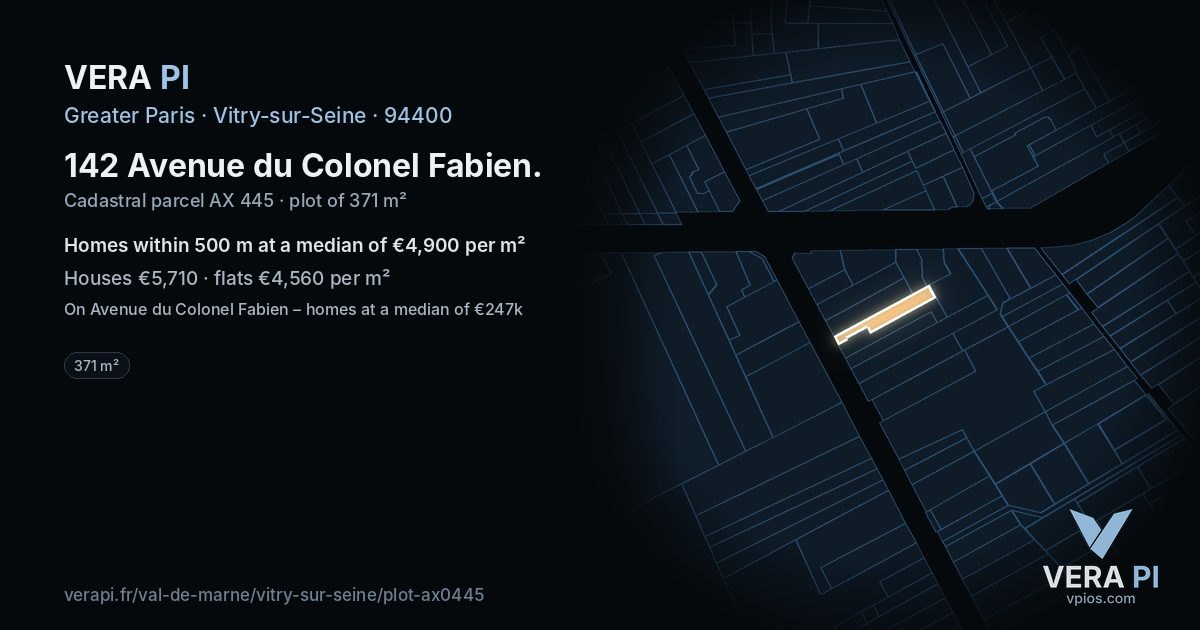 142 Avenue du Colonel Fabien, Vitry-sur-Seine at night – the plot lit, the parcels around coloured by the prices near them