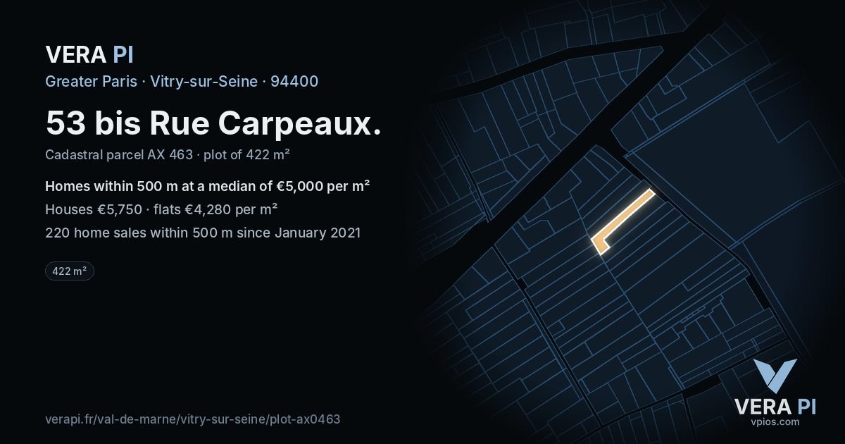 53 bis Rue Carpeaux, Vitry-sur-Seine at night – the plot lit, the parcels around coloured by the prices near them