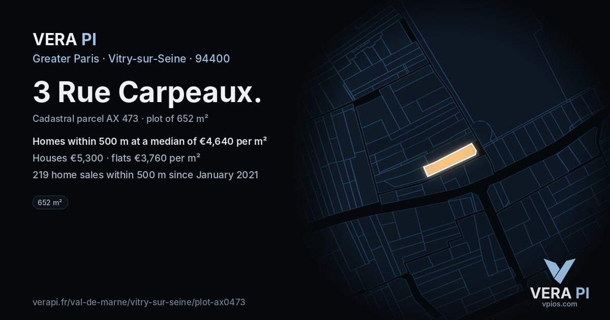 3 Rue Carpeaux, Vitry-sur-Seine at night – the plot lit, the parcels around coloured by the prices near them