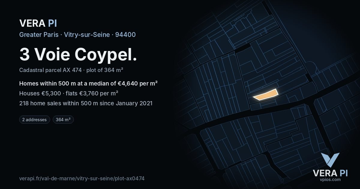 3 Voie Coypel, Vitry-sur-Seine at night – the plot lit, the parcels around coloured by the prices near them