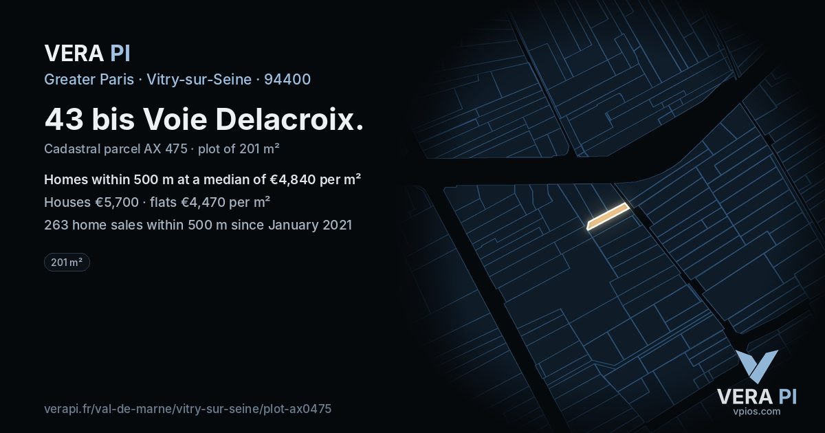 43 bis Voie Delacroix, Vitry-sur-Seine at night – the plot lit, the parcels around coloured by the prices near them