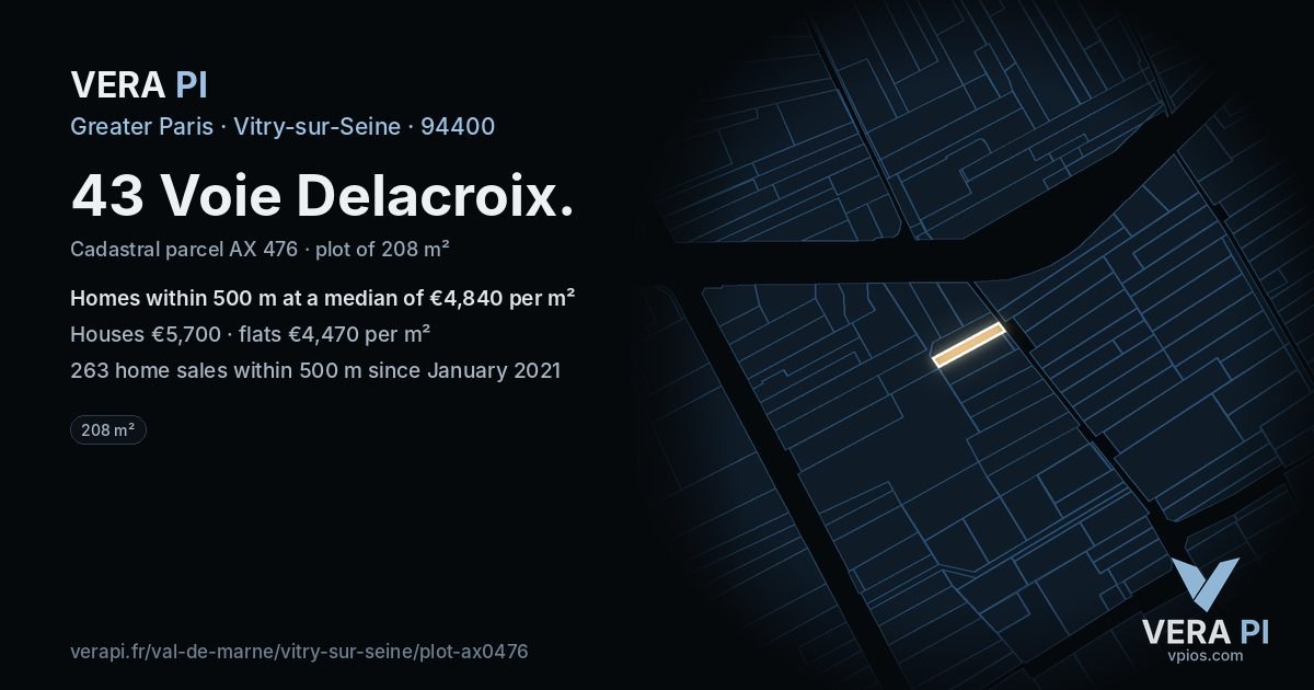 43 Voie Delacroix, Vitry-sur-Seine at night – the plot lit, the parcels around coloured by the prices near them