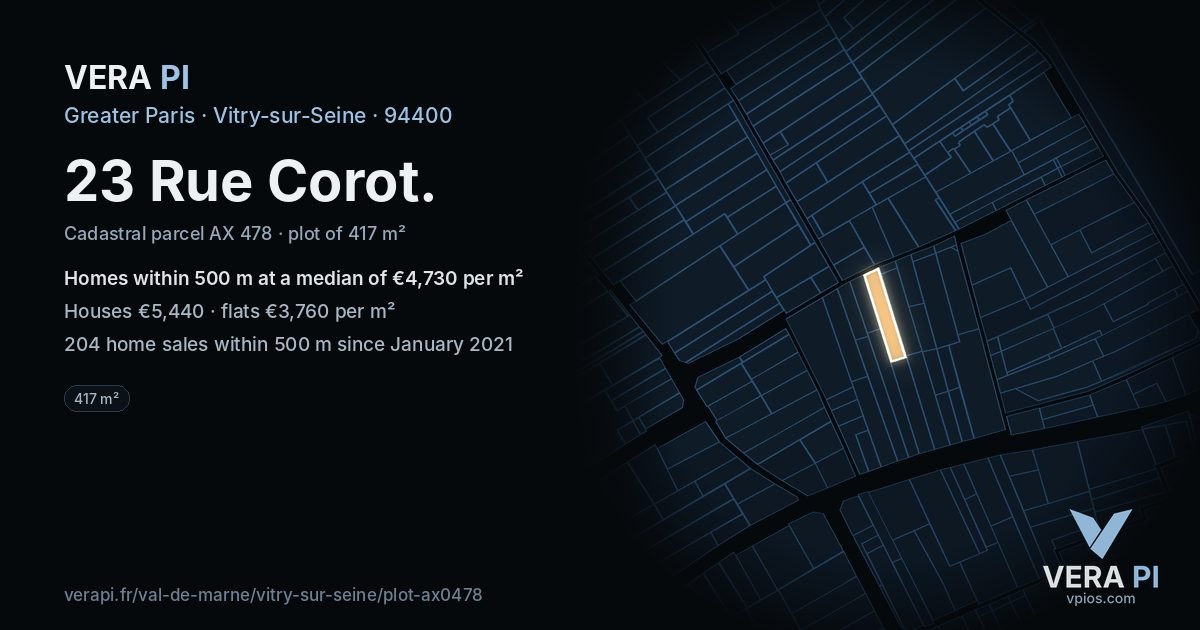 23 Rue Corot, Vitry-sur-Seine at night – the plot lit, the parcels around coloured by the prices near them