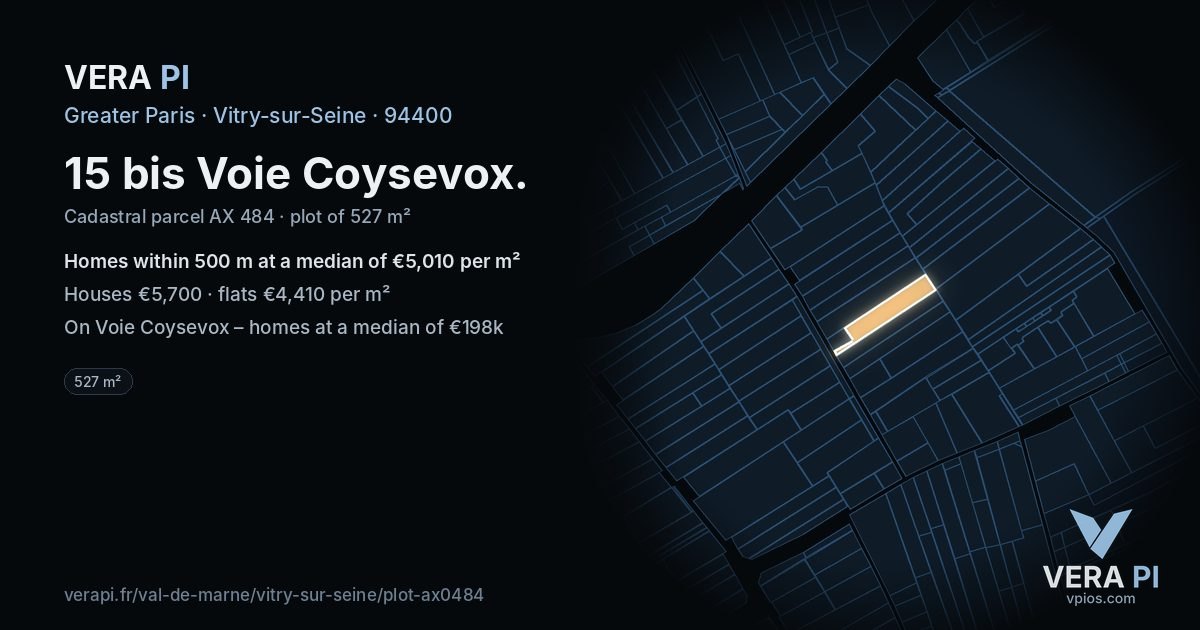 15 bis Voie Coysevox, Vitry-sur-Seine at night – the plot lit, the parcels around coloured by the prices near them