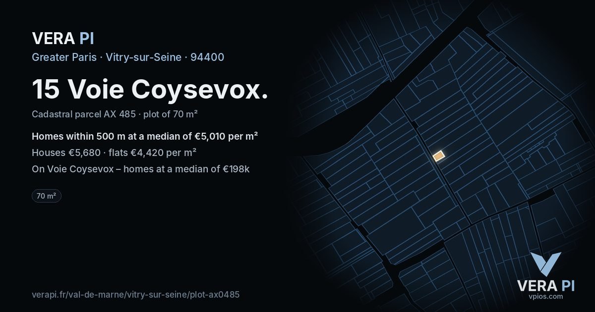 15 Voie Coysevox, Vitry-sur-Seine at night – the plot lit, the parcels around coloured by the prices near them