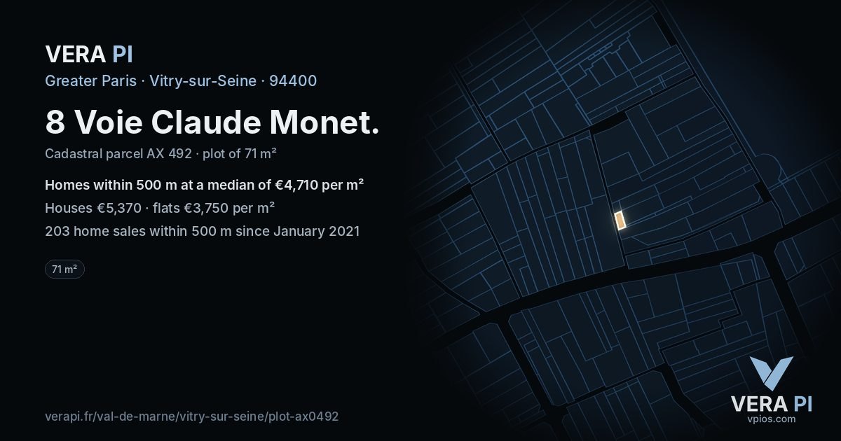 8 Voie Claude Monet, Vitry-sur-Seine at night – the plot lit, the parcels around coloured by the prices near them