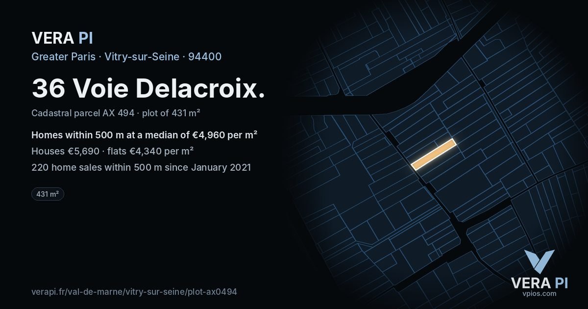36 Voie Delacroix, Vitry-sur-Seine at night – the plot lit, the parcels around coloured by the prices near them