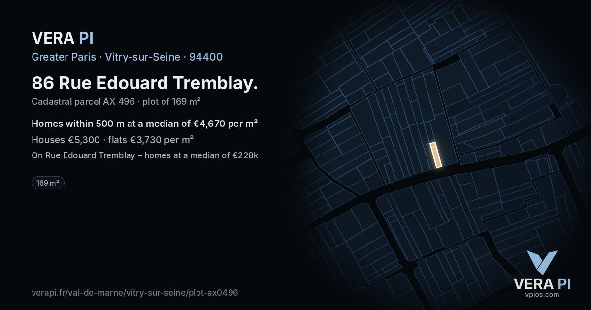 86 Rue Edouard Tremblay, Vitry-sur-Seine at night – the plot lit, the parcels around coloured by the prices near them