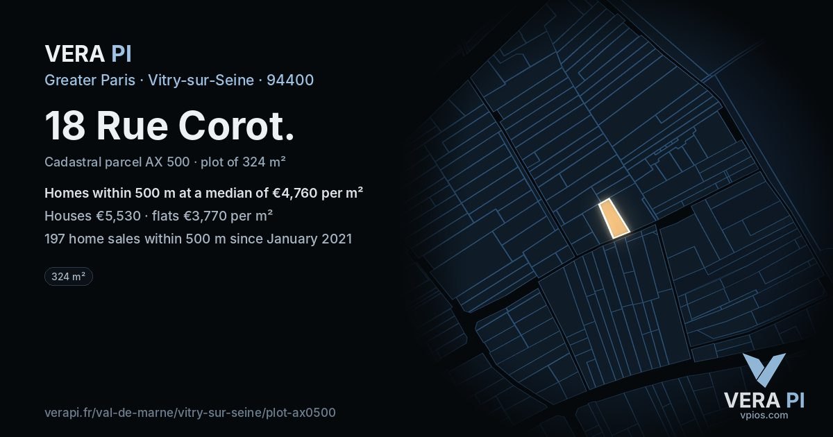 18 Rue Corot, Vitry-sur-Seine at night – the plot lit, the parcels around coloured by the prices near them