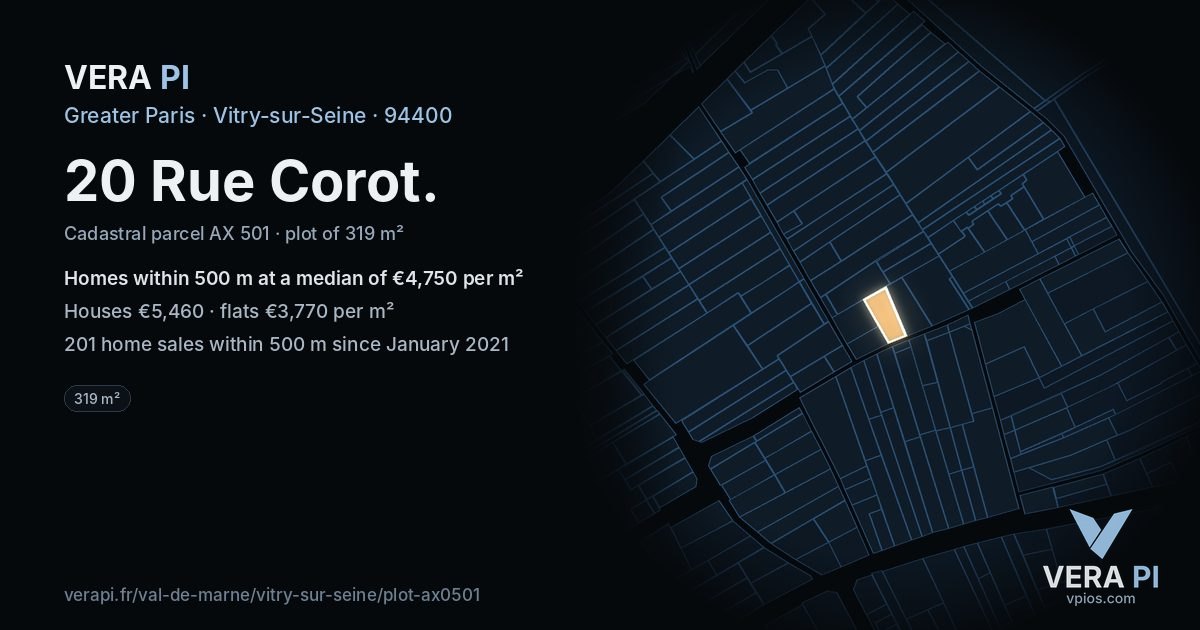 20 Rue Corot, Vitry-sur-Seine at night – the plot lit, the parcels around coloured by the prices near them