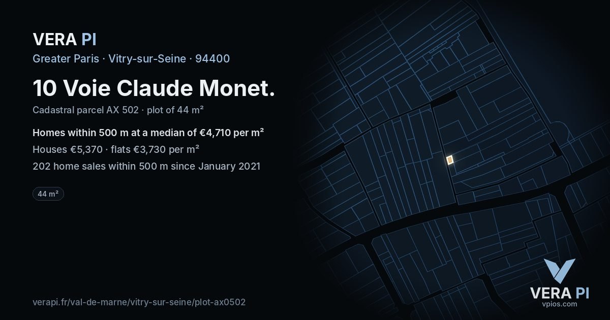 10 Voie Claude Monet, Vitry-sur-Seine at night – the plot lit, the parcels around coloured by the prices near them