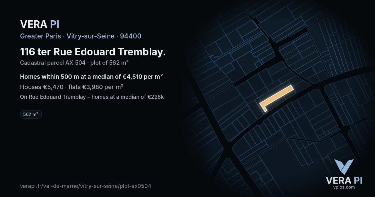 116 ter Rue Edouard Tremblay, Vitry-sur-Seine at night – the plot lit, the parcels around coloured by the prices near them
