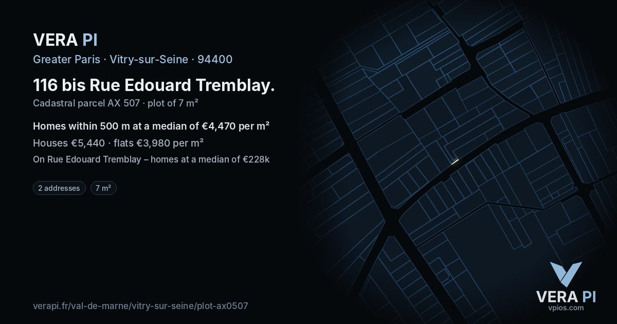 116 bis Rue Edouard Tremblay, Vitry-sur-Seine at night – the plot lit, the parcels around coloured by the prices near them