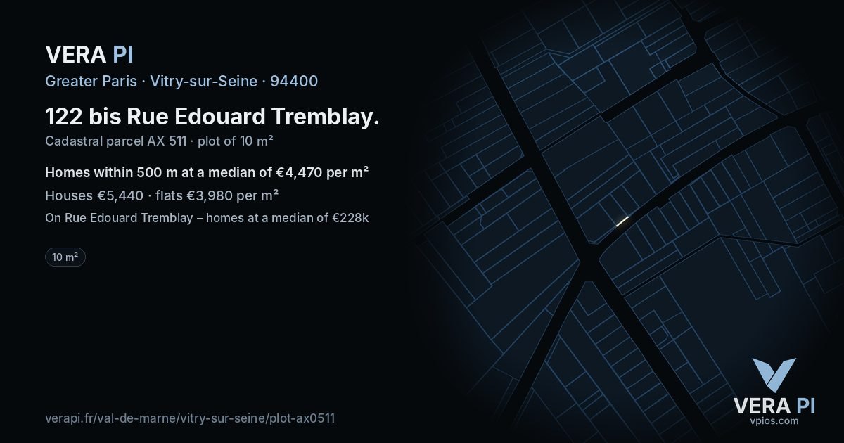 122 bis Rue Edouard Tremblay, Vitry-sur-Seine at night – the plot lit, the parcels around coloured by the prices near them