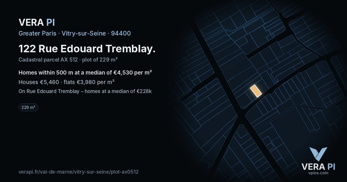 122 Rue Edouard Tremblay, Vitry-sur-Seine at night – the plot lit, the parcels around coloured by the prices near them