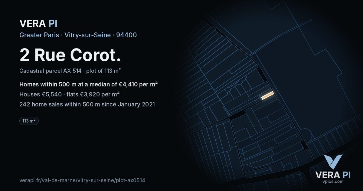 2 Rue Corot, Vitry-sur-Seine at night – the plot lit, the parcels around coloured by the prices near them
