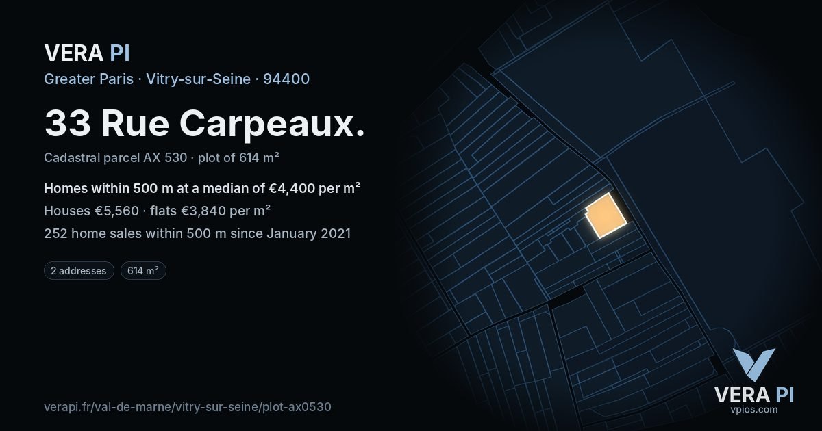 33 Rue Carpeaux, Vitry-sur-Seine at night – the plot lit, the parcels around coloured by the prices near them