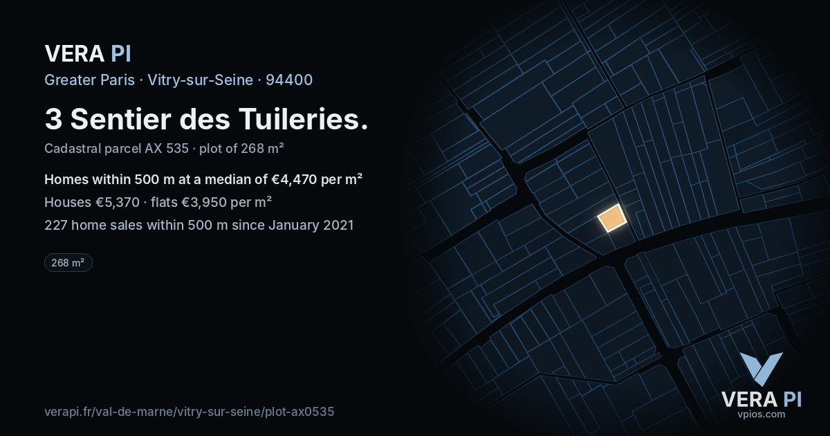3 Sentier des Tuileries, Vitry-sur-Seine at night – the plot lit, the parcels around coloured by the prices near them